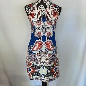Haani sleeveless floral boho print fabric with metal detail v neck midi dress